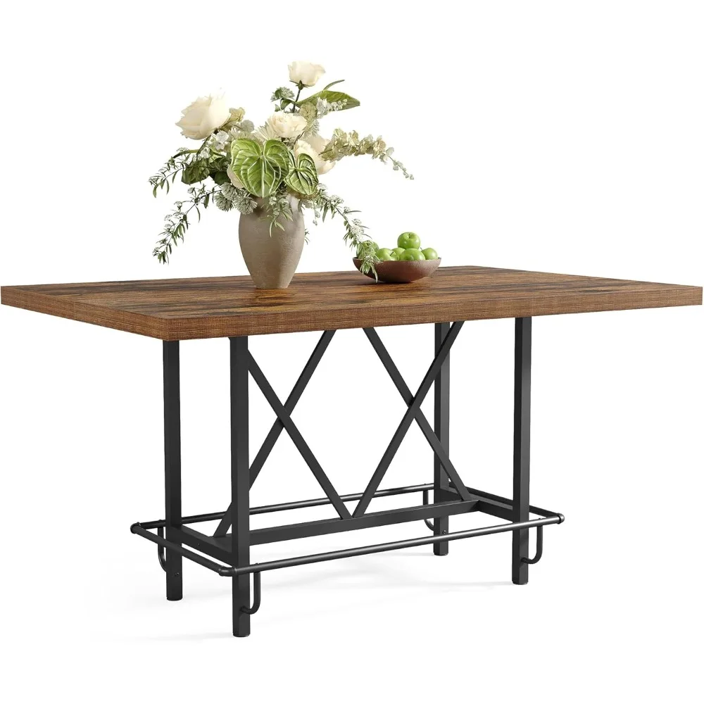 

63-Inch Industrial Bar Table with Metal Footrest, Counter Height Pub Table for Kitchen, Home Bar & Entertaining (Brown)