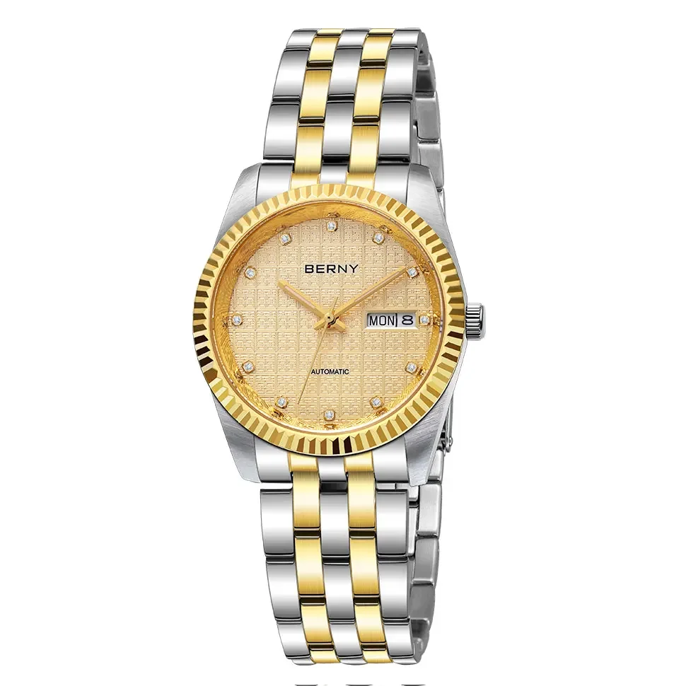 BERNY Mechanische Uhr für Damen, automatische Damenuhr, kleine Uhren, chinesischer Stil, Glück, Hochzeit, Saphir, komplett aus Edelstahl