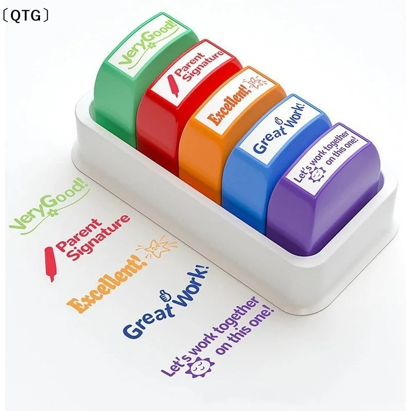 〔QTG〕5 Pcs Self Inking Teacher Feedback Stamps With Encouraging Phrases For Classroom Grading Homeschool Homework Review
