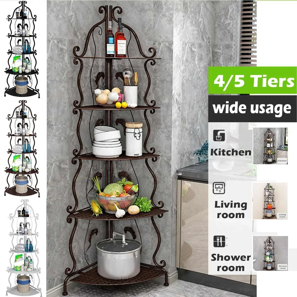 3 Colors Nordic Style 4/5 Tiers Folding Iron Kitchen Organizer Multi-use Bathroom Bedroom Rack Standing Book Shelf Home Decor