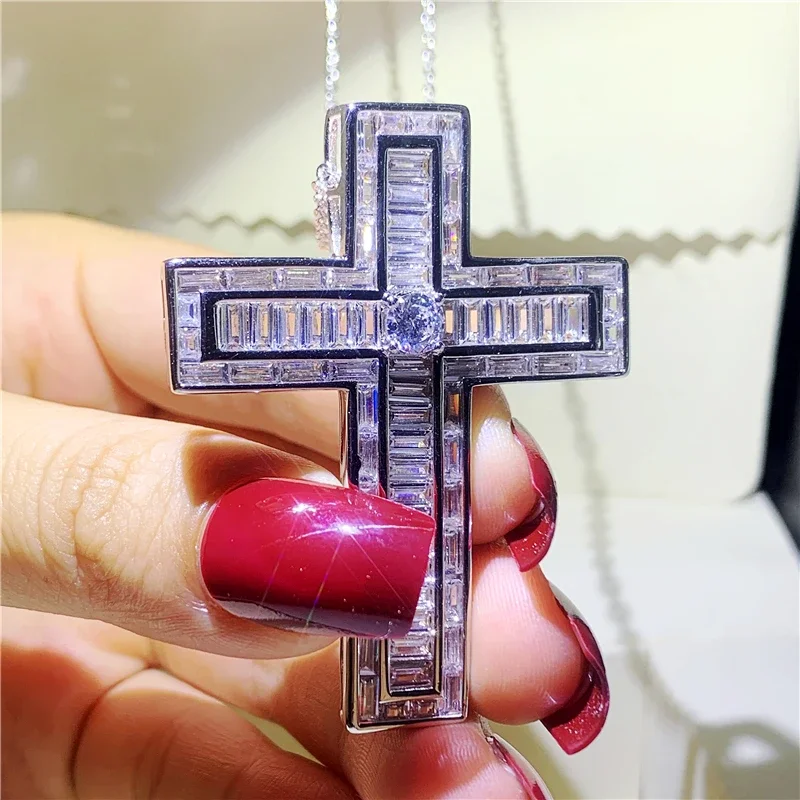 Luxury Long Cross Pendant Necklace 925 Sterling Silver T Shape Diamond Stone Cross Pendant for Women Men Party Wedding jewelry