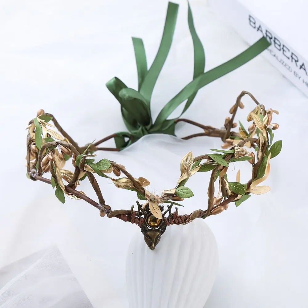 Vintage Fairy Black Green Antler Crown Wedding Party Photos Ren Faire Costume Halloween Cosplay Elven Princess Tiara for Women