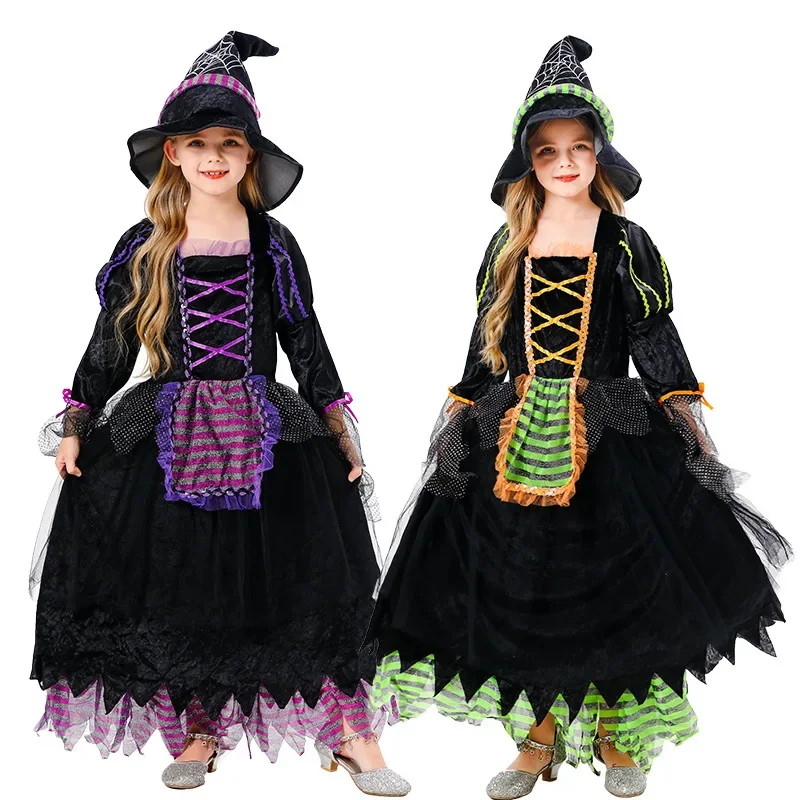

Halloween Children Purple Witch Costume Girls Fairytale Wizard Dress Kids Clothes Baby Bat Spider Party Cosplay Outfit