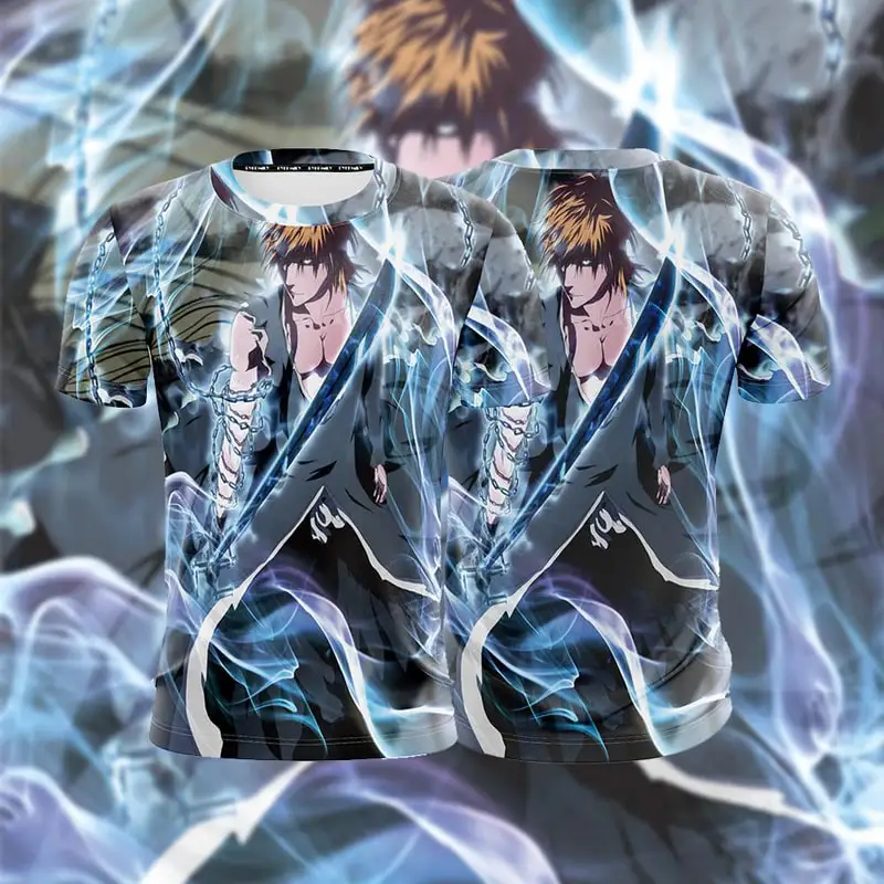 

Футболки с изображением японского аниме, манги, отбеливателя, 3D принт, Куросаки Ичиго, футболка для косплея, мужская/женская футболка с короткими рукавами и круглым вырезом, Harajuku Kid Y2k Top