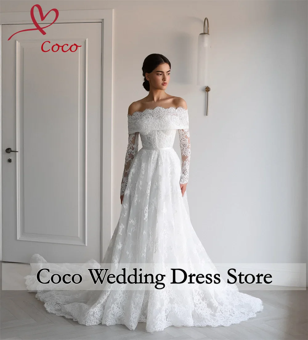 Customised Luxurious Lace Wedding Dress Boat Neck Long Sleeves Back Zipper Buttons Court Train Bridal Gown Vestido De Noiva
