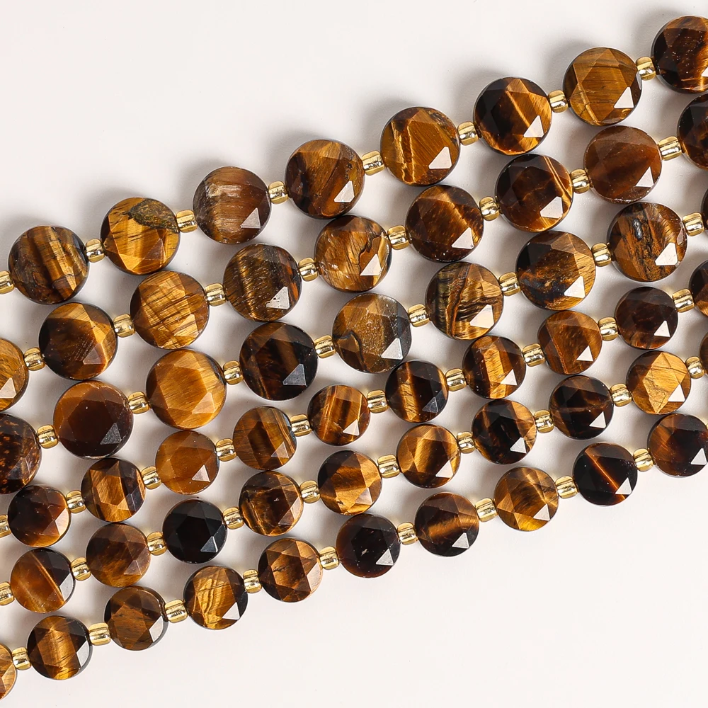 8MM 10MM YELLOW TIGER EYE FACETED COIN BEADS NATURAL TIGER'S EYE LOOSE BEADS FOR JEWELRY MAKING DIY BRACELET NECKLACE ACCESSORY