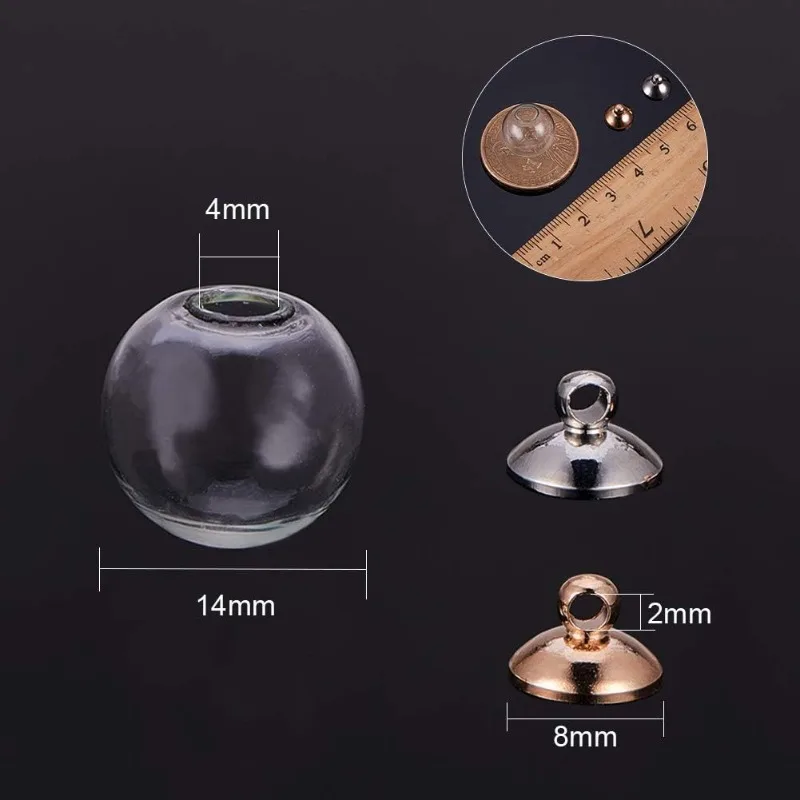 30 Pcs 14mm Mini Empty Clear Glass Globe Bottle Wish Ball Bottles DIY Pendant Charms with 30 Pcs 8mm Cap Bails