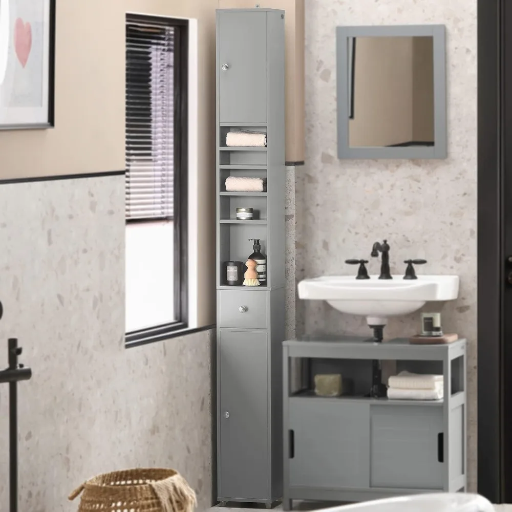 Bathroom Tall Cabinet With 1 Drawer 7.87 X 7.87 X 70.87 Bathroom Tall Cabinet Cupboard 2 Doors and Adjustable Shelves Furniture