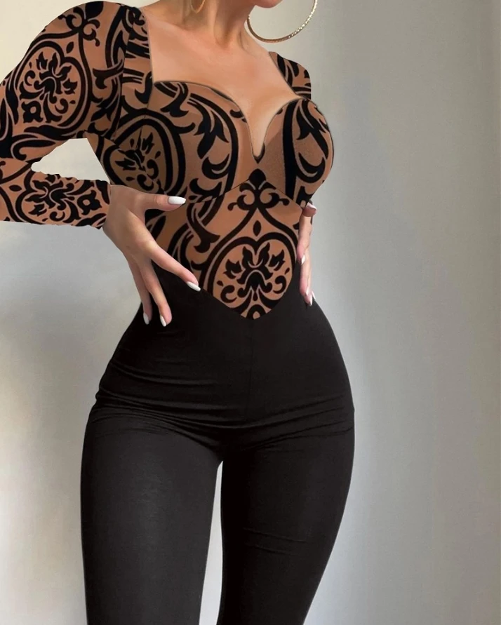 Jumpsuit Women Tribal Pattern Flocked Mesh Patch Long Sleeve Jumpsuit 2022 Autumn Europe and America Fashion Women's Clothing