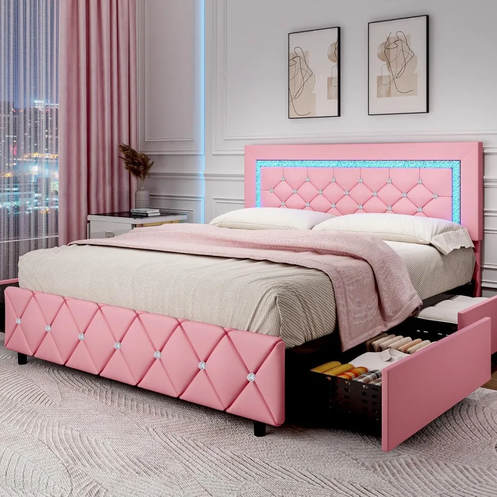 

Full Size Bed Frame with LED Lights, Upholstered Bed Frame with Storage Drawers, Princess Platform Bed with Diamond Headboard an
