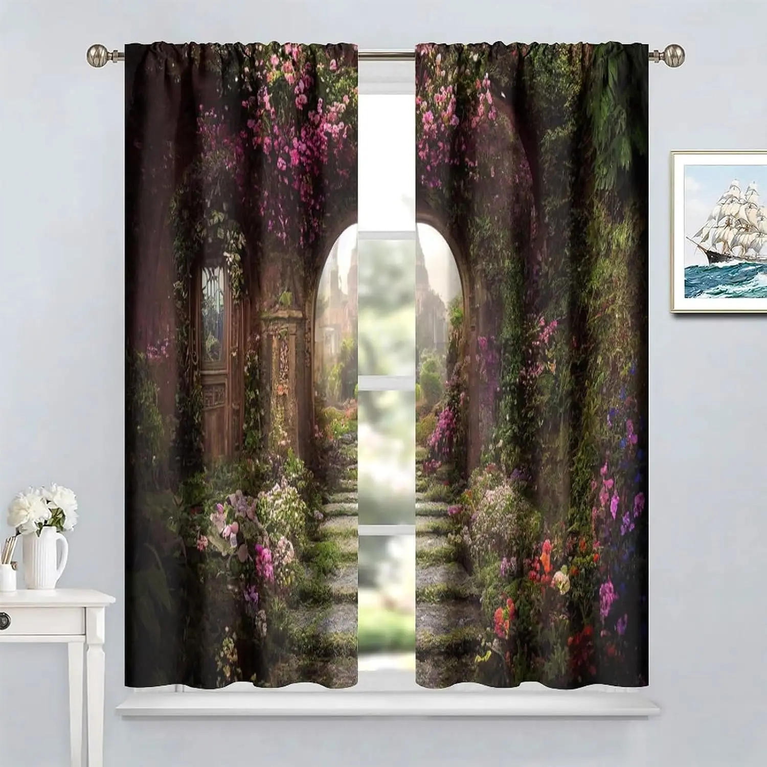 Fantasy Forest Blackout Curtains Mysterious Jungle Forest Round Door Pink Rose Pattern Living Room Curtains Kitchen Bedroom