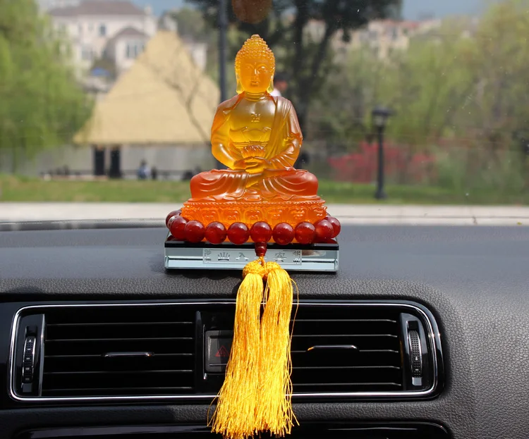 17cm tall -HOME Office CAR Spiritual safe protection Bless family # Greco-Buddhist yellow crystal Lotus Buddha FENG SHUI statue