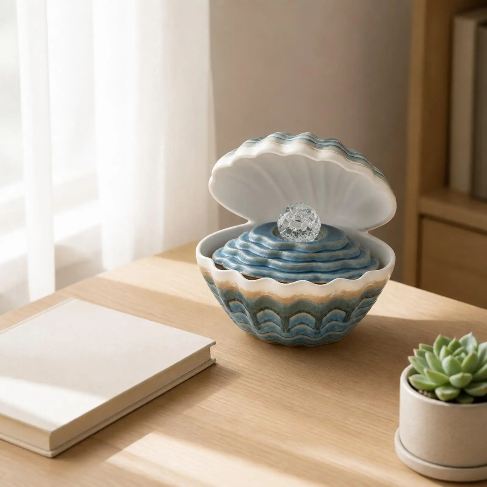 Elegant Desktop Ceramic Fountain with Shell Lid and Crystal Ball USB Water Circulating Decor for Workspace Peaceful