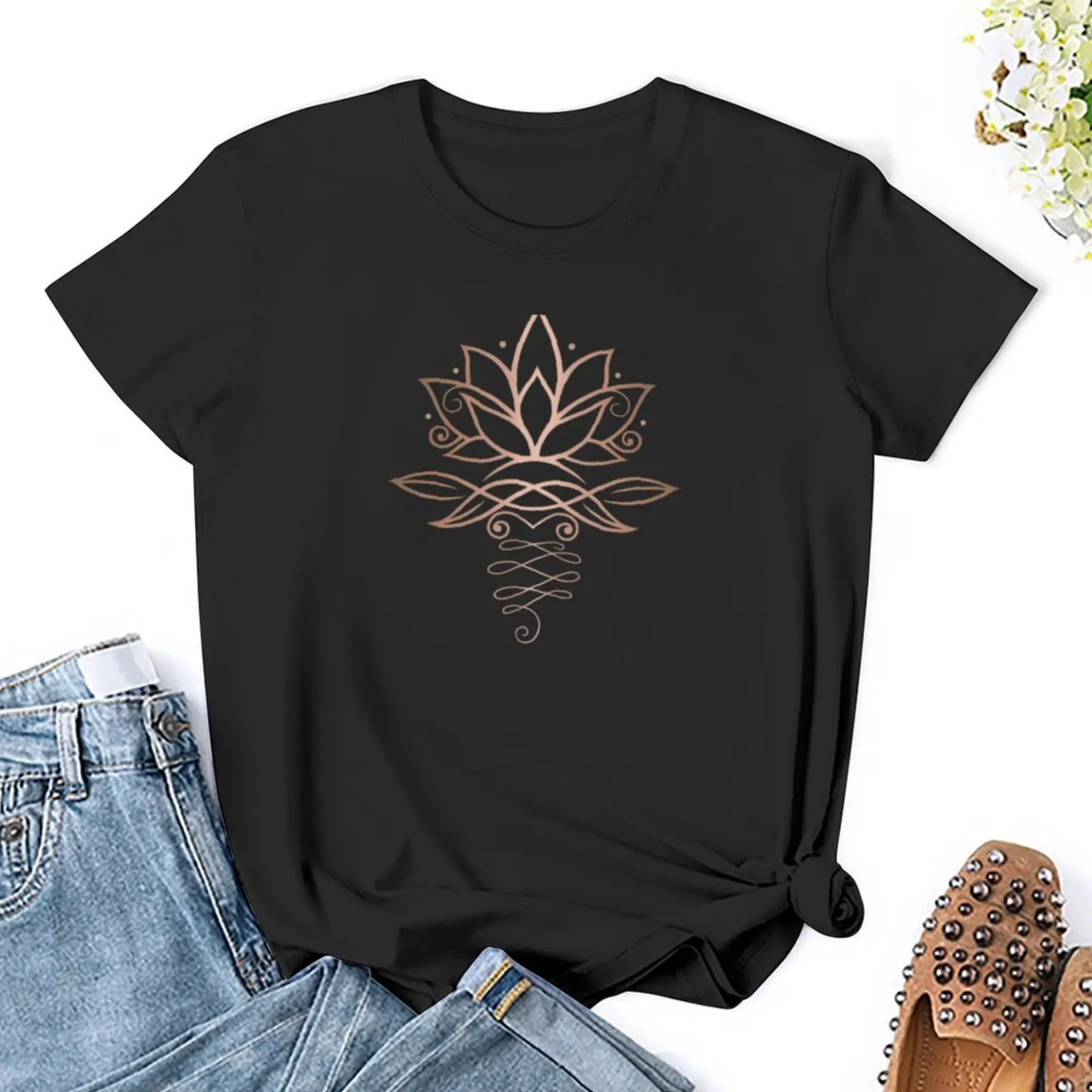 Camiseta feminina de flor de lótus, roupa estética, tops dourados rosa, verão