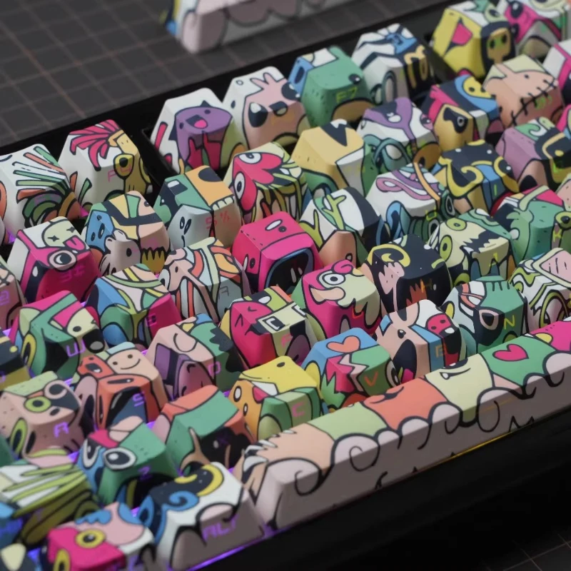 Graffiti Dopamine Style Keycaps Custom PBT OEM Profile Keycap Cute Side Engraving Transparent Cartoon Anime Point Key Caps Gift