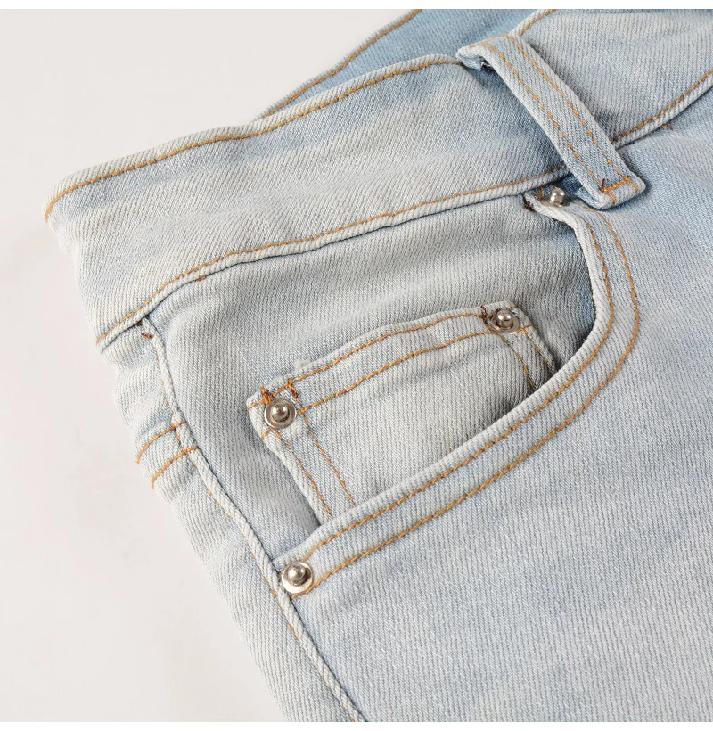 Herren Hellblaue Biker-Jeans mit Rissen, Falten und Patchwork-Design, Stretch-Denim-Hose, Streetwear, Löcher, Zerrissene Skinny-Hose – Detail 7