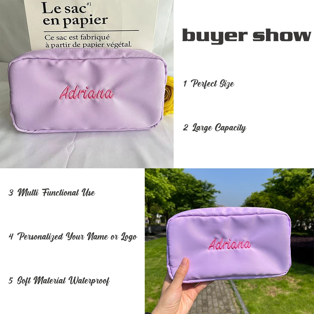 Personalized Embroidery High Capacity Makeup Bag Nylon Waterproof Travel Toiletry Bag for Women Girl Custom Name