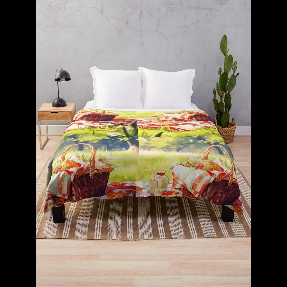 Anime Picnic Bliss  Plaid Throw Blanket for Outdoor Feasts with Matching Basket Perfect for Home Textile Enthusiasts