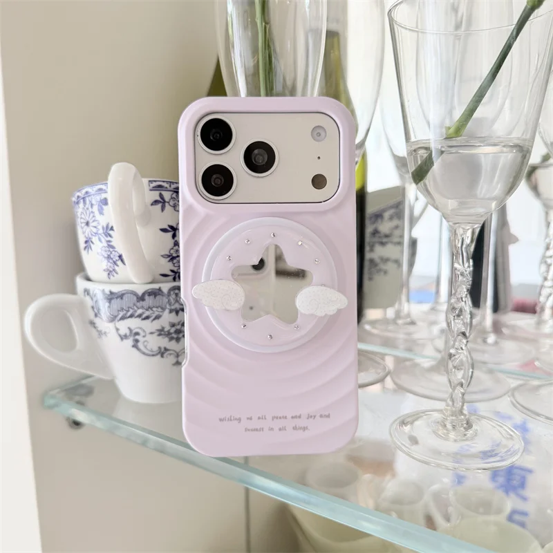 

Kawaii Pink Angel Star Mirror Magnetic Phone Case For iPhone 17 16 15 14 Pro Max Rhinestone Shockproof Protective Cover For MagS