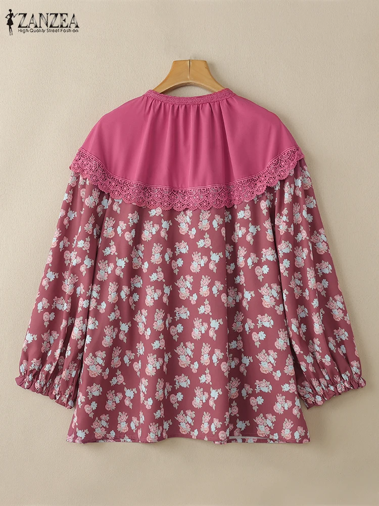 ZANZEA bohème dentelle Patchwork hauts imprimé fleuri lanterne manches couleur bloquée Chemise élégante Femme printemps mode chemises