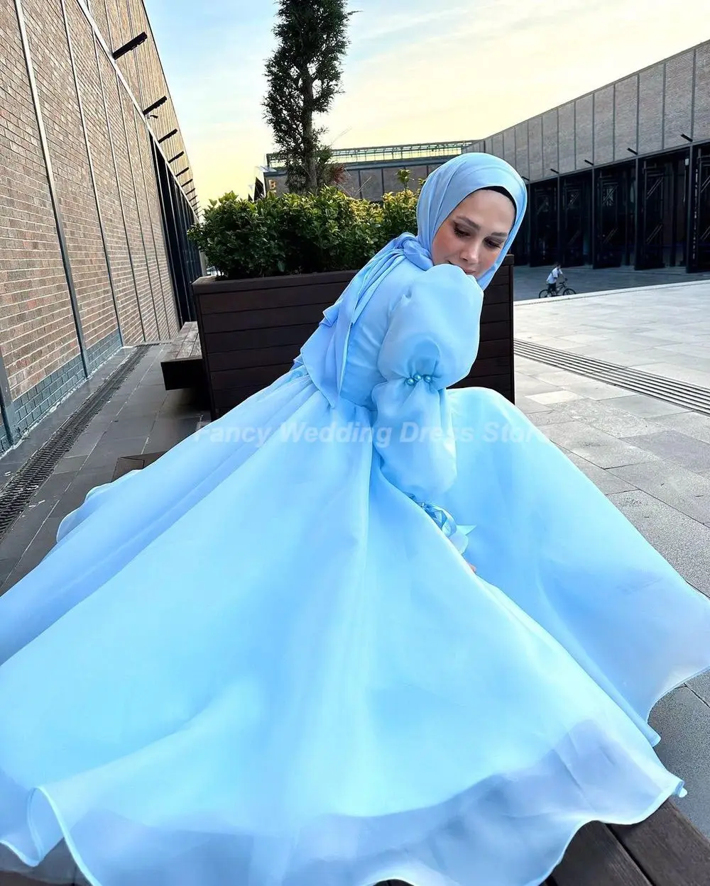 Fancy Vintage Blue Muslim Wedding Dress Saudi Arabia Organza Bridal Gown Pearls With Veil Formal Occasion Dresses customized