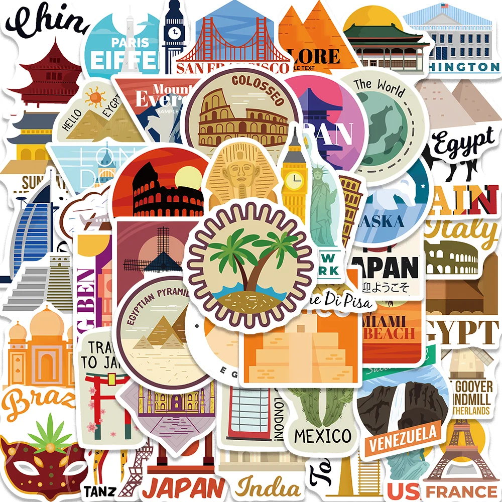 

50pcs Cartoon Famous Landmarks around the World Stickers for Envelope Computer Diary Suitecase Guitar iPad Waterproof DIY Decal