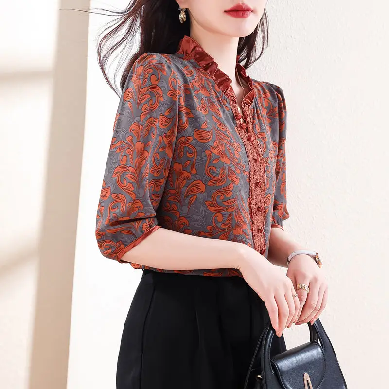 Women Vintage Ruffle Lace Patchwork Blouses Korean Fashion Print V Neck 3/4 Sleeve Shirts Elegant Chic Slim Tops Blusa Feminina