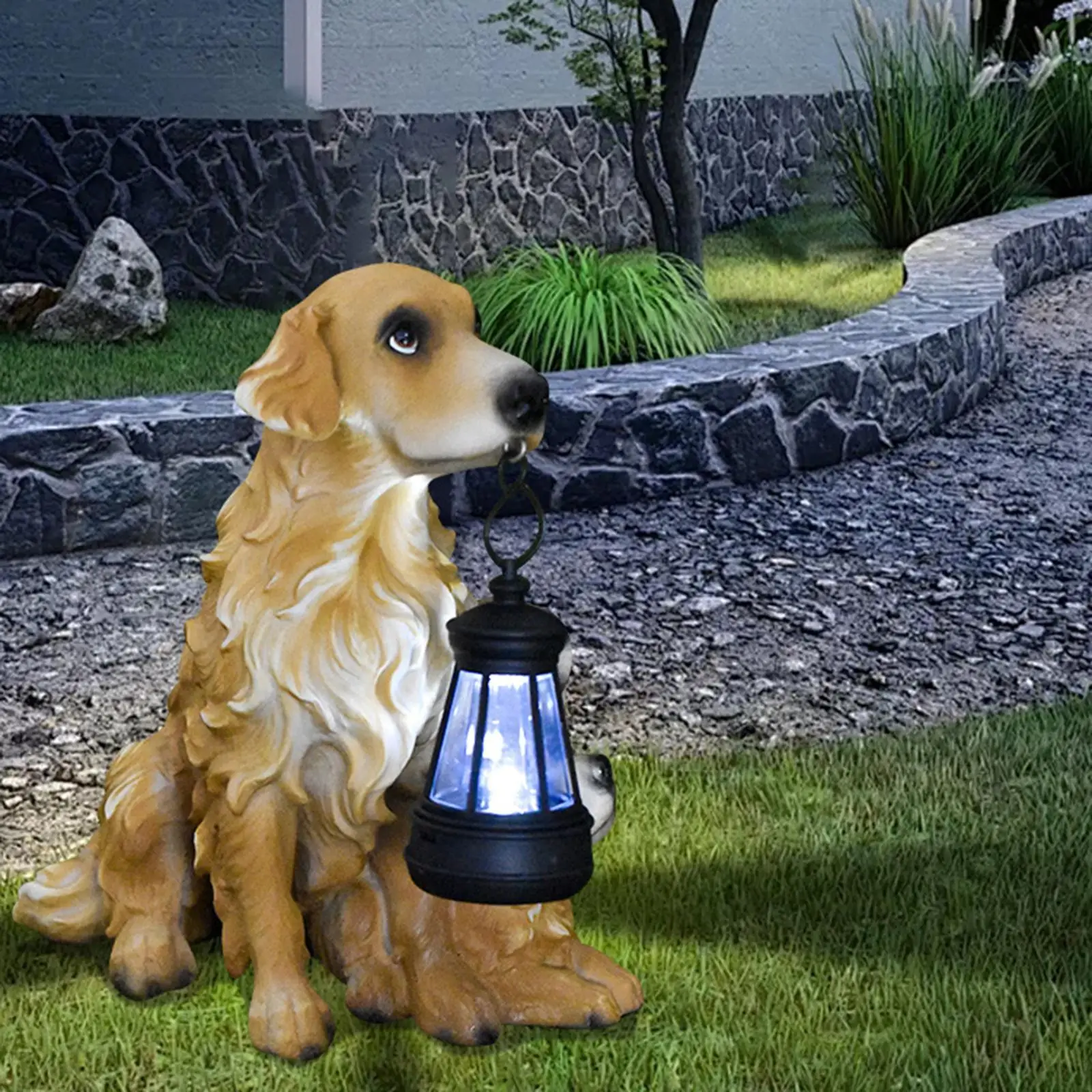 Dog Puppy Ornament Resin Funny Family with Solar Light Dog Figurine for Decoration Housewarming Gift Porch Outdoor Garden