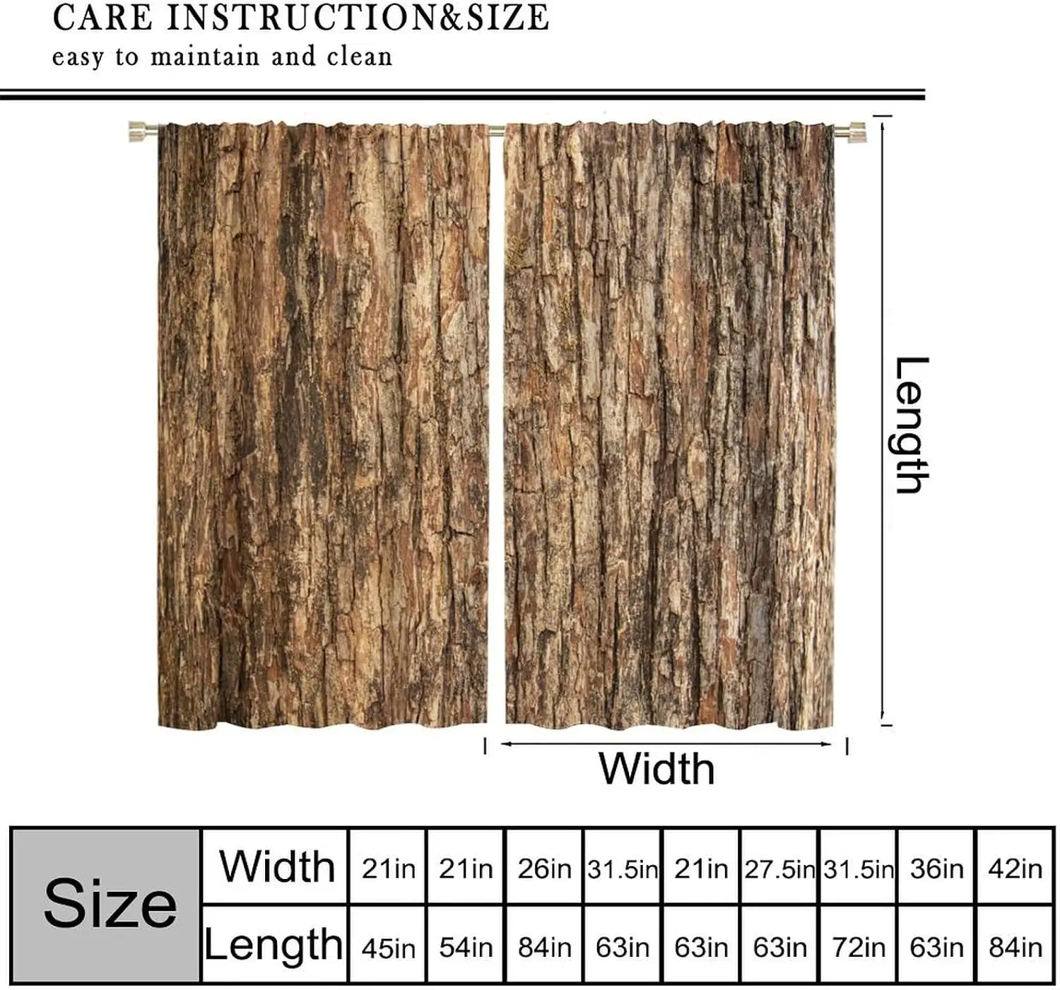 Vintage Wood Bark Curtains, Natural Rough Tree Trunk Texture Realistic Forest Log Print for Rustic Cabin Country Interior Decor