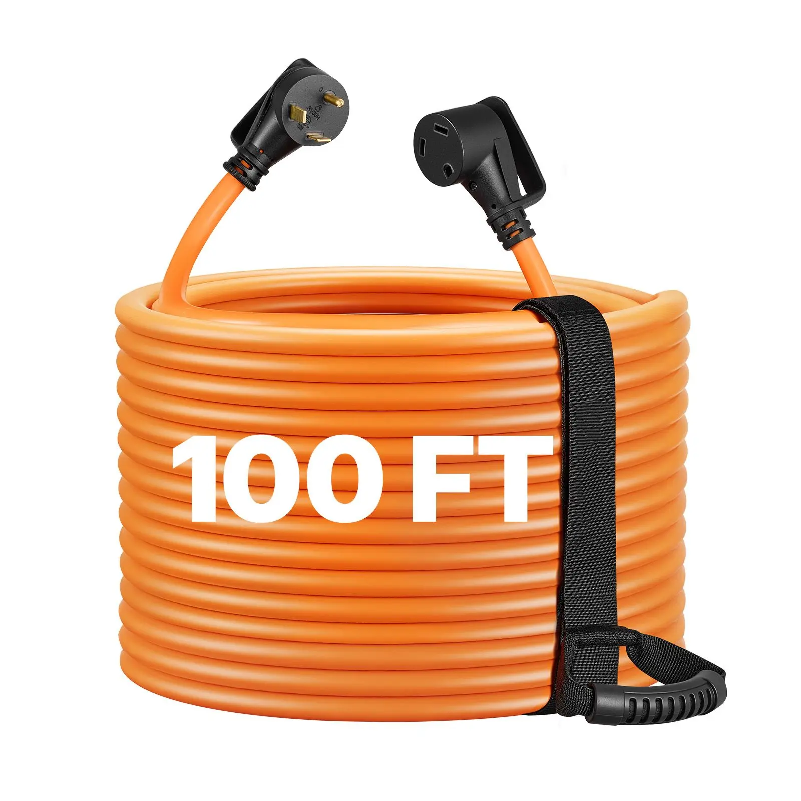 30 Amp 100 Feet RV Extension Cord, 125V 2500W, Heavy Duty 10/3 Gauge STW RV Power Cord, NEMA TT-30P to NEMA TT-30R, with Power Indicator, Cord Organizer, 15A Adapter, for Camper Travel Trailer