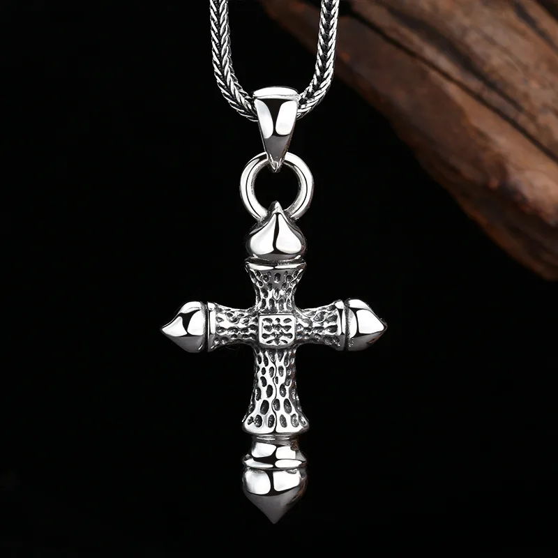 

925 Sterling Silver Chinese Style Crater Cross Pendant Antique Finish Gothic Necklace