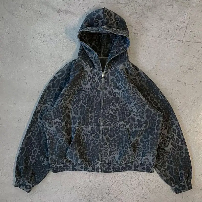 

Y2K Rock Punk женская толстовка с леопардовым принтом унисекс шикарный свободный кардиган на молнии толстовка готический Harajuku ретро эстетическая уличная одежда