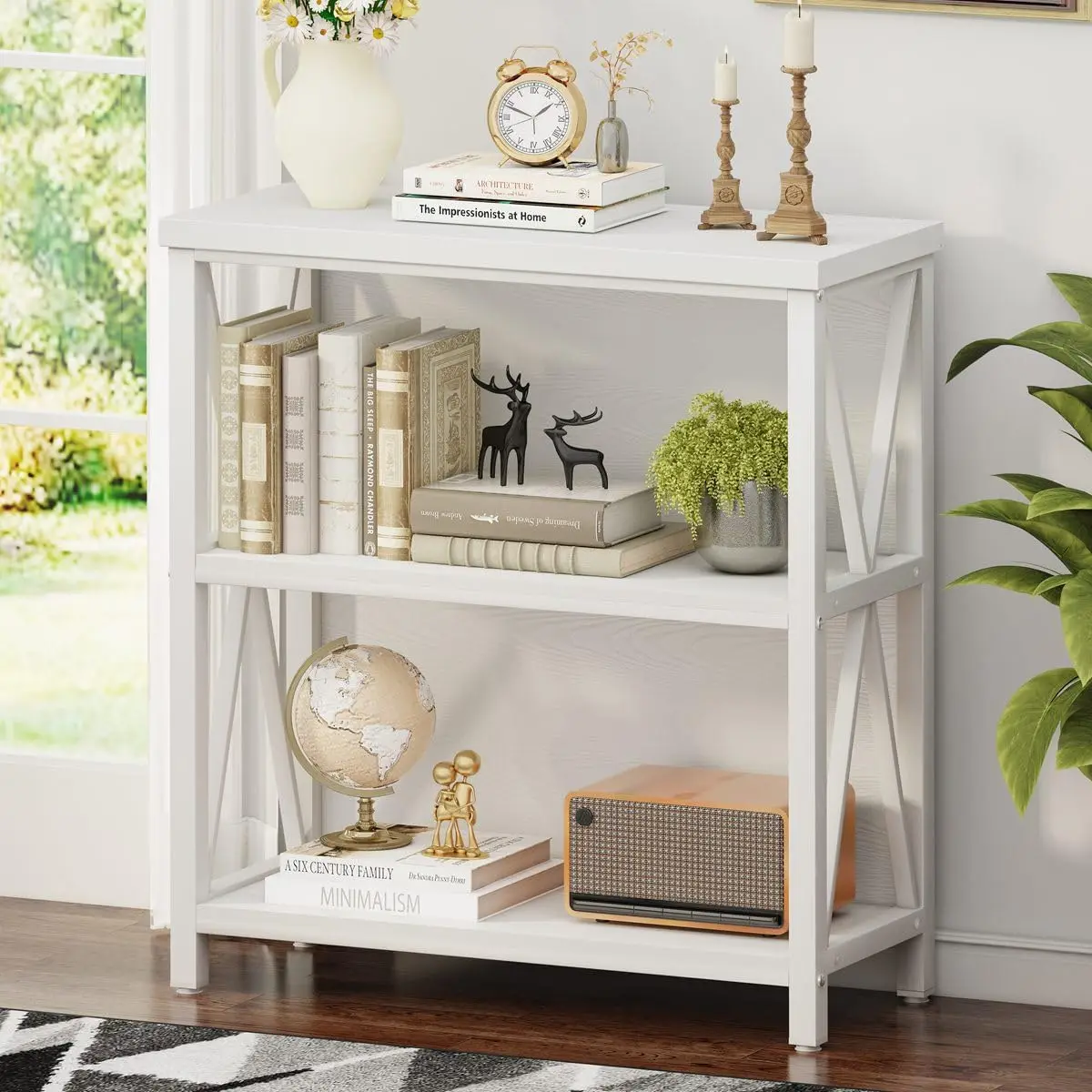 

Small Bookshelf for Small Space, Short Rustic Low Bookcase, Modern Wood and Metal Book Shelf and Narrow Book Case for Li