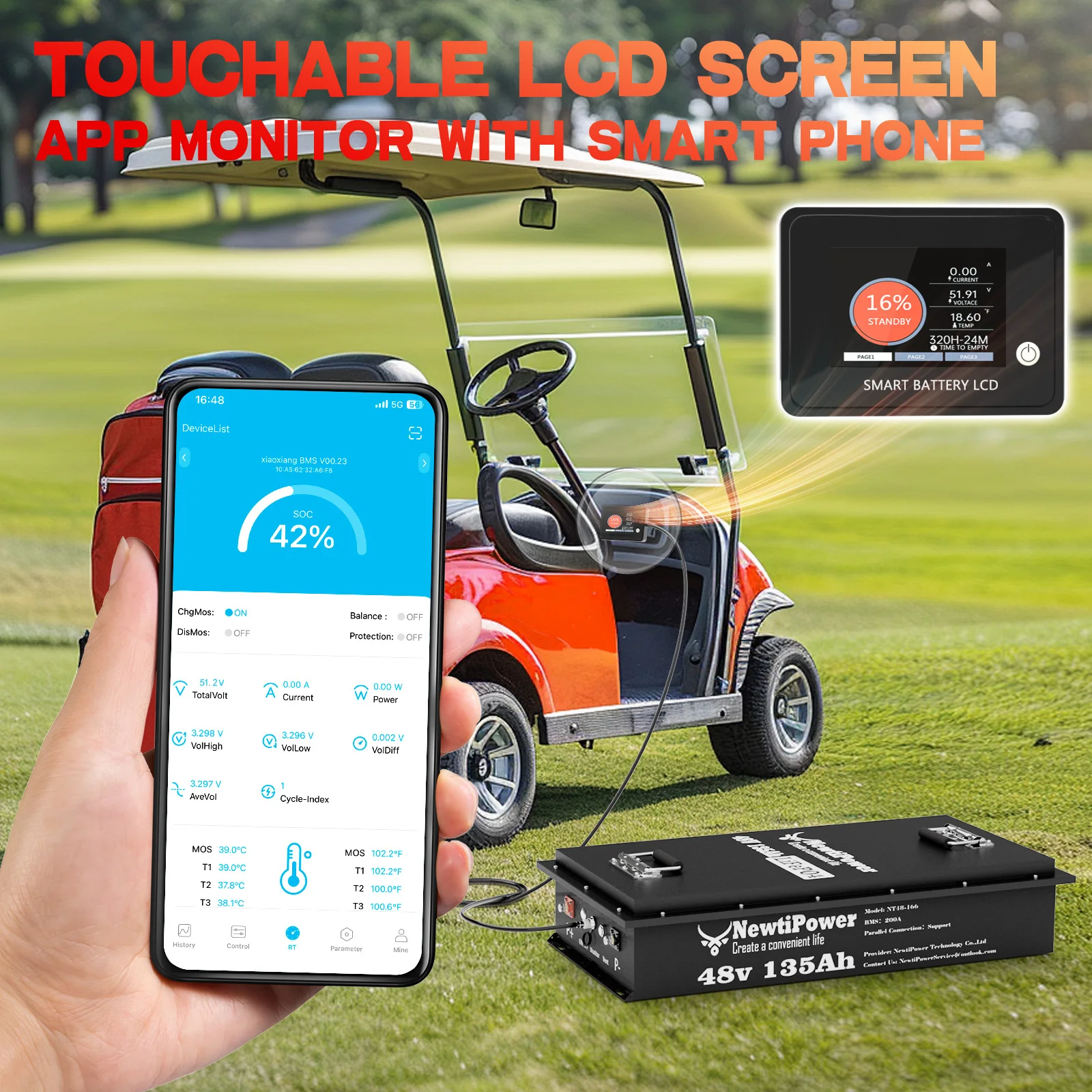 

48V 135Ah LiFepo4 Lithium Battery with 200A Bluetooth BMS&APP, 10 Years-Lifetime, Perfect for Golf Carts, Boat, Trolling Motor