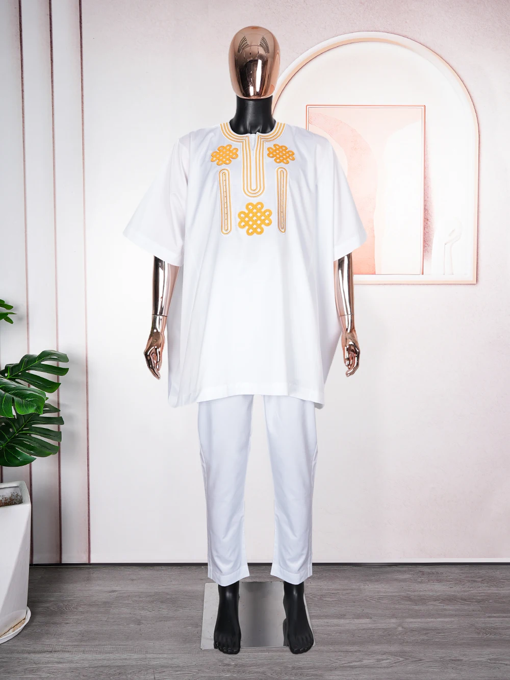 H&D African Clothes for Men 2 Pieces Set White Embroidered Tops and Pants Traditional Clothing Rich Bazin Original Wedding