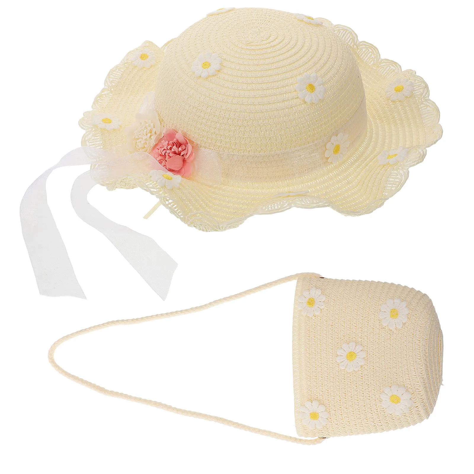 

2pcs Straw Hats Sun Protection Daisy Pattern Lightweight Breathable Summer Beach Wear With Bag Milky White