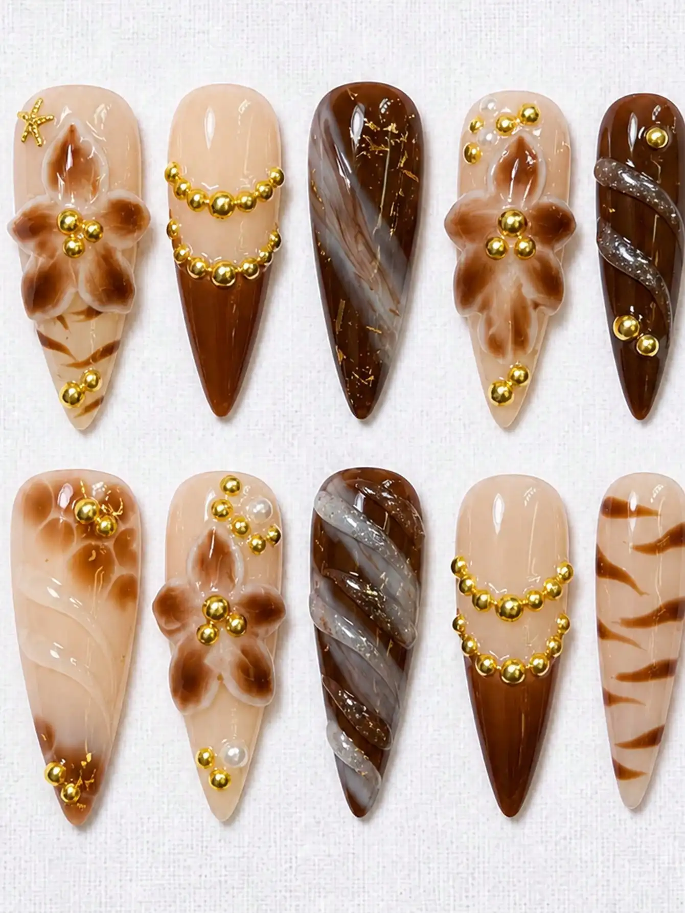 Elegant Y2K Style Almond Long Nail Stickers, 10pcs/Set French Gradient Brown Flower 3D Starfish Gold Necklace Waterdrop Feast Nail Art Set, Reusable, Includes Nail Glue And Nail File Gothic Halloween Nail Art Supplies Press