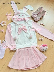 Cute Kawaii Bow Rabbit Ears Patchwork Hoodies High Waist Slim Pleated Skirt Two-piece Set Autumn New Sweet Y2K Lolita Skirt Sets