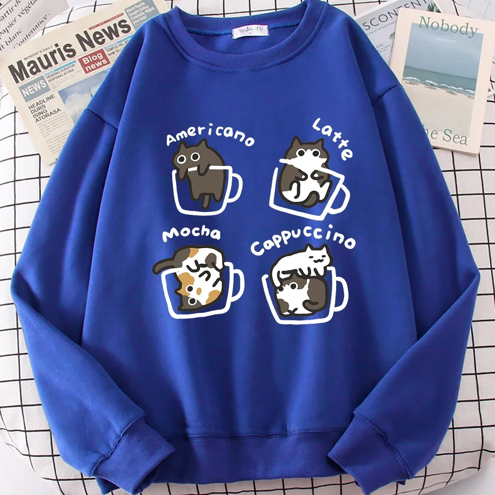 cute American Style Coffee Cat Cute Print Cartoons Hoodie Women Sweatshirt Loose Warm Clothes Personality Autumn Hoody Couple