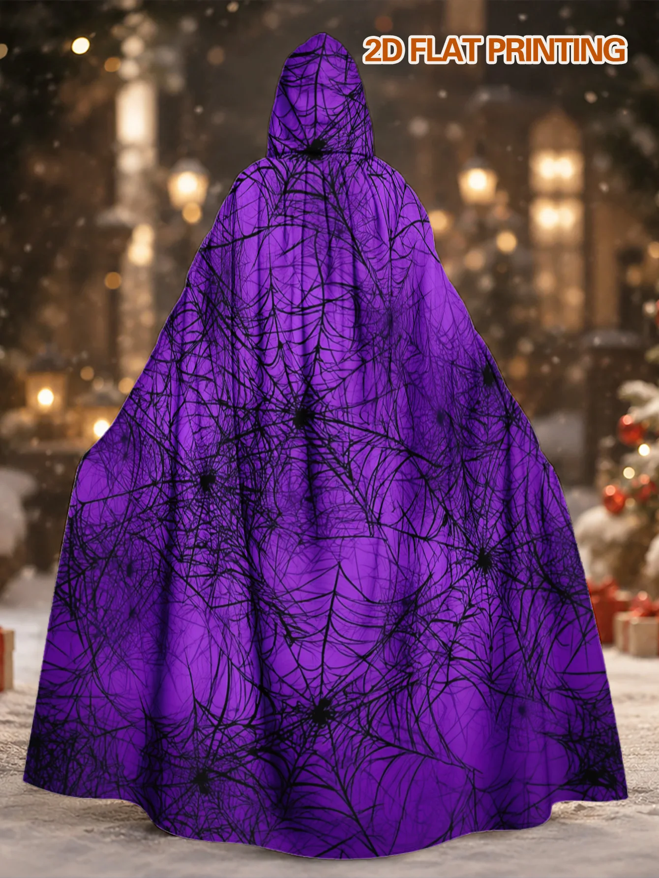 Customization 1pc, Adult Hooded Cloak In Purple Background With Black Spider Webs Design, Polyester Cape For Halloween Haunted N