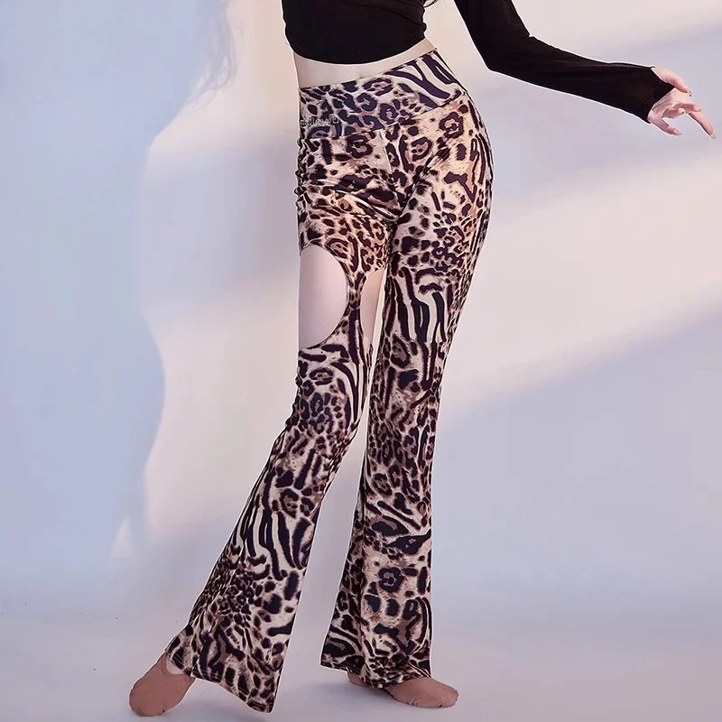 Sexy Leopard Leggings Women Belly Dance Practice Pants Drum Solo Flared Pants Waist Tummy Control Dance Clothes Printed Slim
