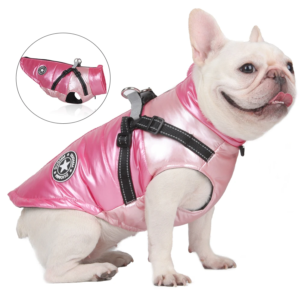 Winter Warm Pet Dog Clothes Winter Dog Jacket Dog Warm Clothes with Harness Waterproof Winter Jacket for French Bulldog Costume