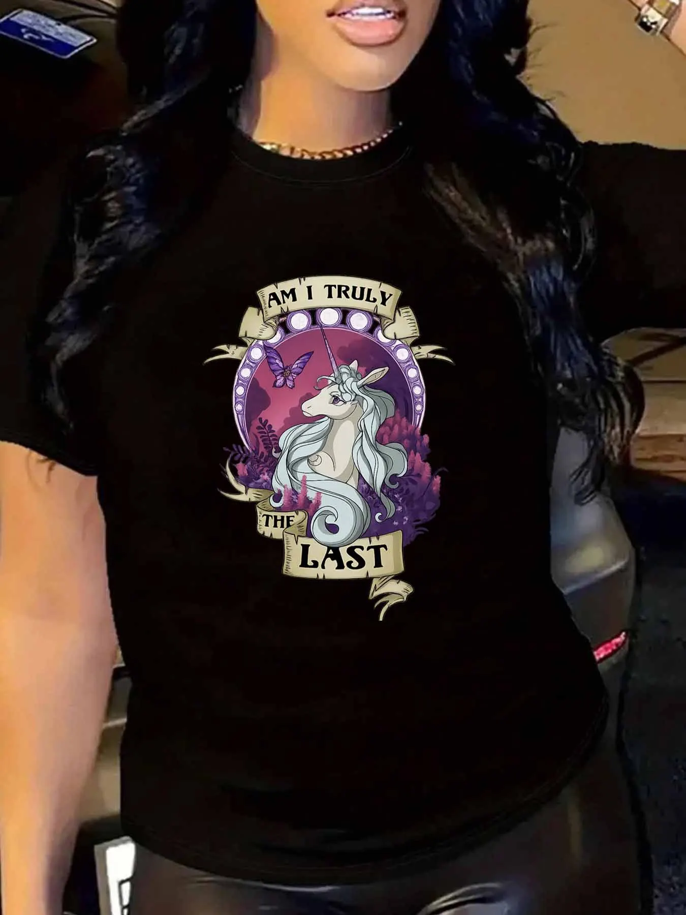 

【WY136199】unicorn Round neck plus size women's T-shirt short sleeve trend printing elastic half sleeve T-shirt