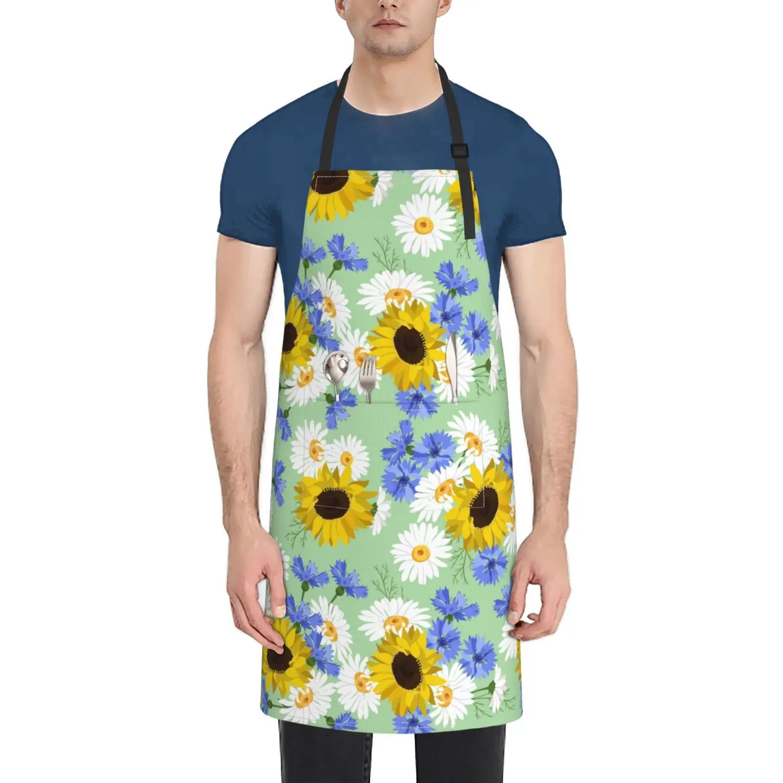 Cute Sunflowers Daisy Chef Apron with Pockets for Women, Pretty Floral Flowers Chamomile Cornflowers Adjustable Waterproof Apron