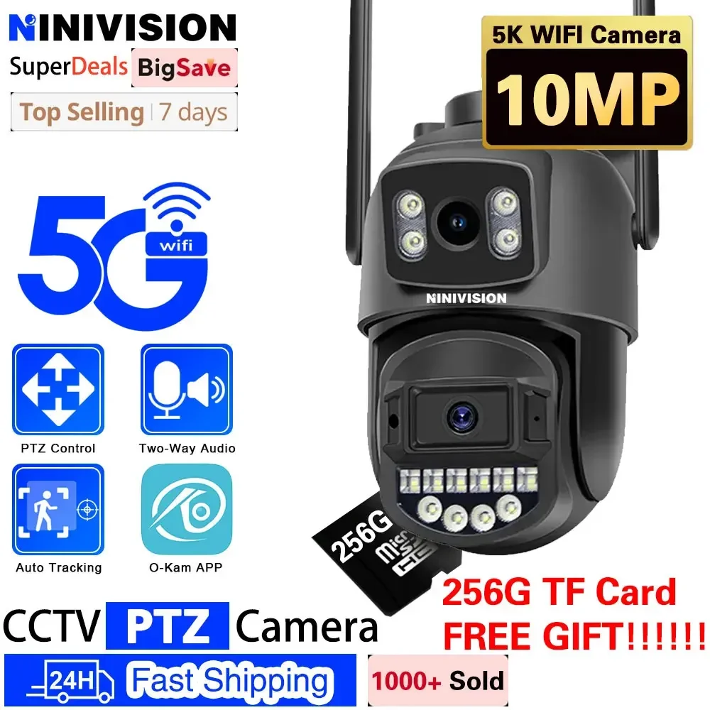 5GHz WiFi Surveillance Camera 5K Dual Lens Auto Track Support 256G TF Card Outdoor Security PTZ IP Camera 10MP Intercom CCTV Cam