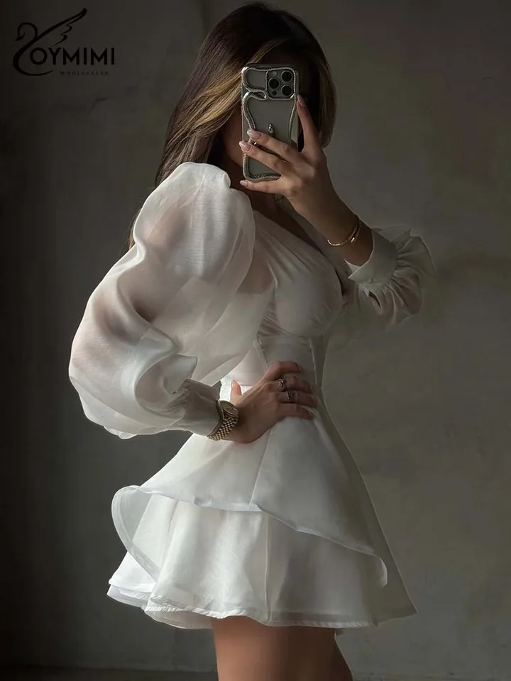 Oymimi Women's White Mini Dress 2026 Spring Deep V-Neck Puff