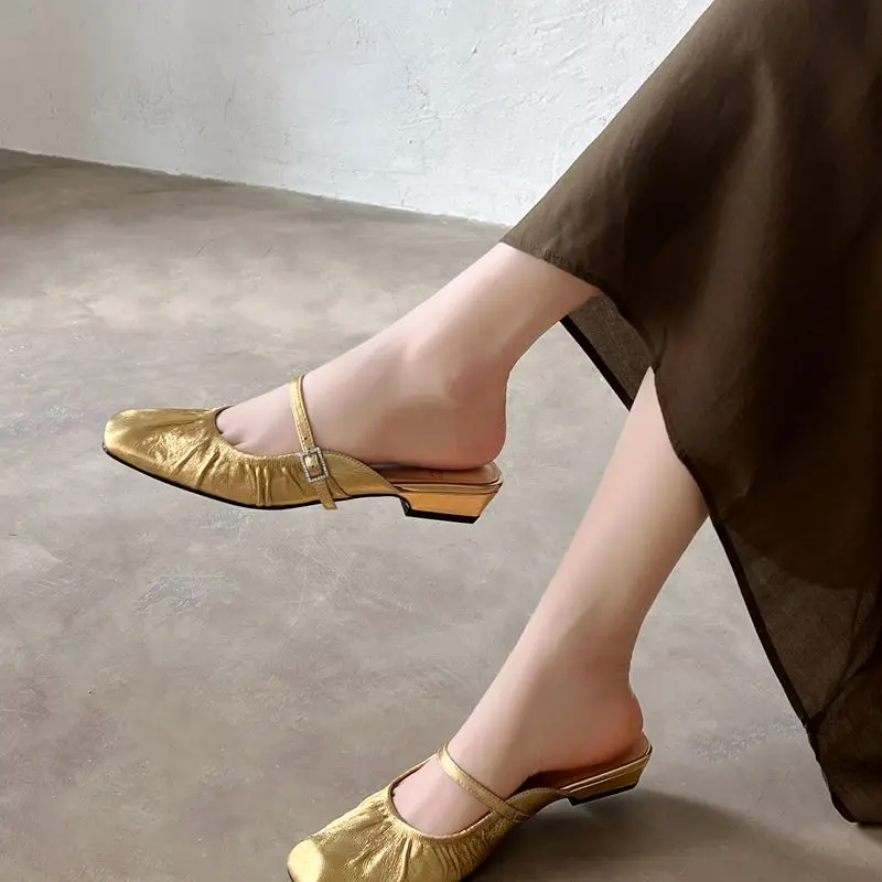 SIMLOVEYO Seasonal Brand Natural Leather Square Toe Slides Multi Buckle Soft Outdoor Everyday Female Comfort Footwear