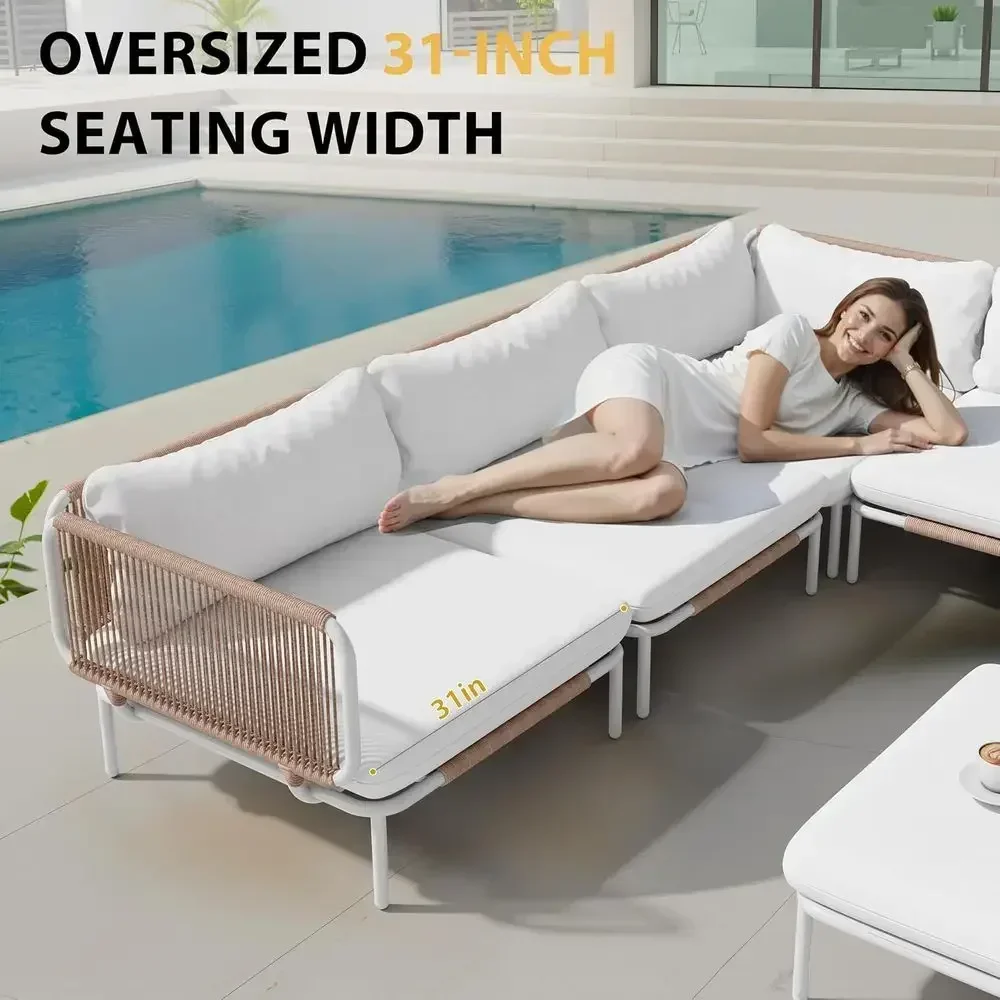 5-Piece Outdoor Sectional Sofa Set with Coffee Table - 31 Deep Seating for Patio, Weather-Resistant Low-Profile 11 Seats, Beige