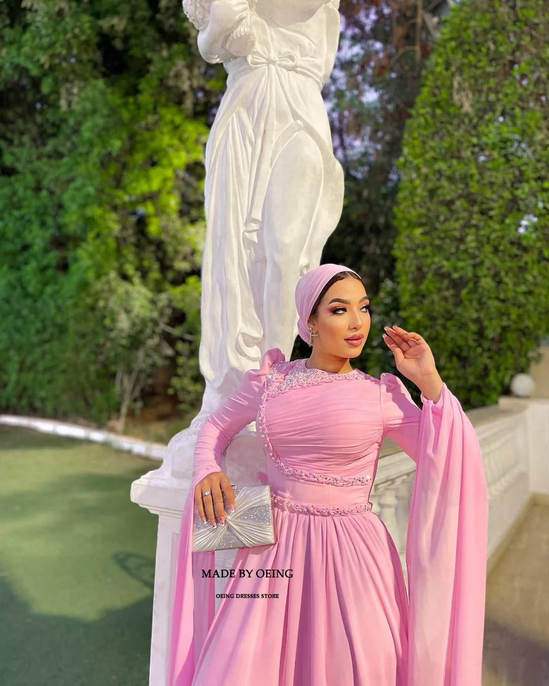 OEING Pink A-Line Prom Dresses Elegant Long Sleeves Muslim Evening Dress Formal Occasion Floor Length Gowns Vestidos De Novia