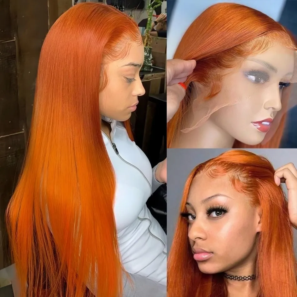 Ginger 13X6 Hd Lace Frontal Wig Straight Human Hair Wigs Orange Colored Preplucked 250 Density Human Hair For Women 36 Inch